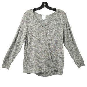 Sunday Pullover Knit Sweater Womens L Faux Wrap Heathered Gray Black Long Sleeve